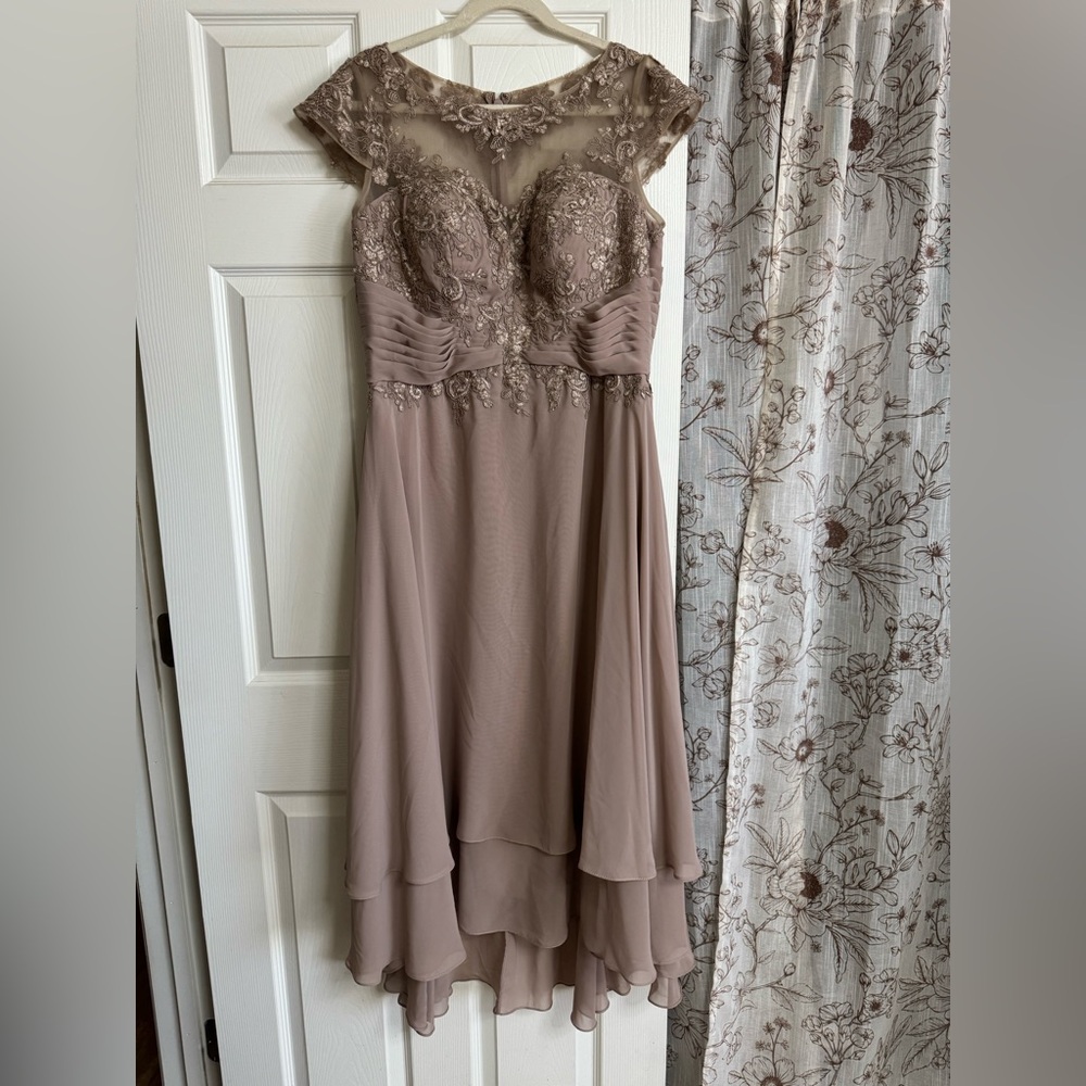 Azazie High Low Lace Dress in Taupe